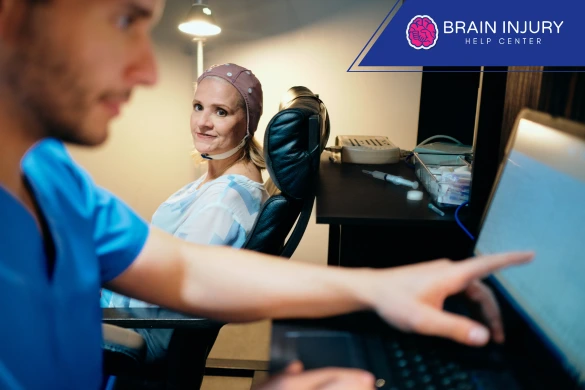 Woman undergoing brain scan at a brain injury clinic.
